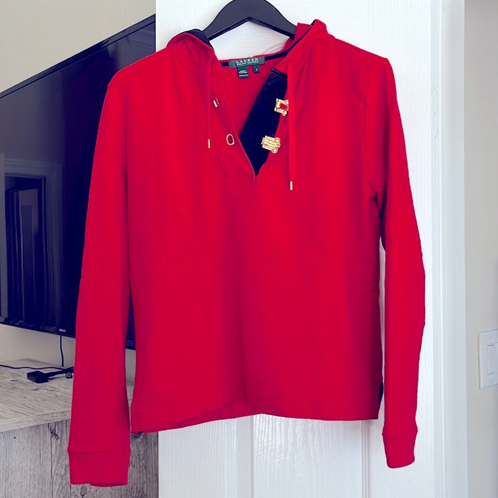 Beautiful red Ralph Lauren sweater with gold accents and hood - Small